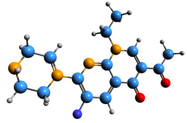 3D image of Enoxacin skeletal formula - molecular chemical structure of  fluoroquinolone antibacterial agent isolated on white background

