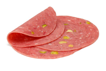 salami slices on a white