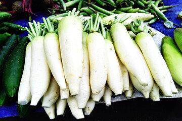 Pile of white radish. Displayed in the market