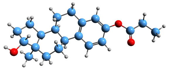  3D image of Estradiol 3-propionate skeletal formula - molecular chemical structure of  3-propanoylestradiol isolated on white background - obrazy, fototapety, plakaty
