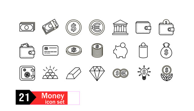 zestaw ikon pieniądze, dolary , złoto, skarbonka , bank, bogactwo, finanse, kantor, skarbonka, portfel, złoto, diamenty, karta, euro