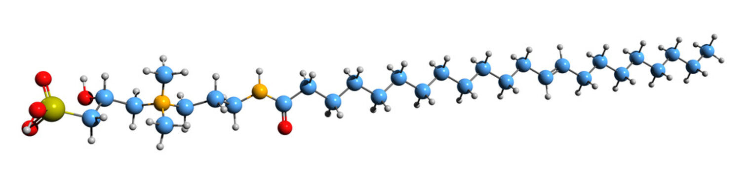  3D image of Erucamidopropyl hydroxysultaine skeletal formula - molecular chemical structure of  zwitterion surfactant isolated on white background
