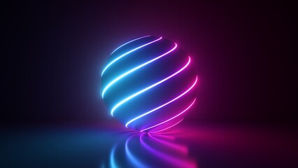 3d rendering, abstract minimalist background with glowing neon lines on the surface of the ball