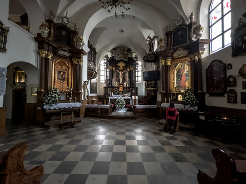 Franciscan Monastery of the Reformers in Wejherowo, Poland. Interior view. The altar with the image of Our Lady of Wejherowo.