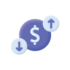 3D Cost of dollar with arrow down and up. Economy crisis or economy growth. loss or growth. Icon of exchange of currency. Vector in 3d style.