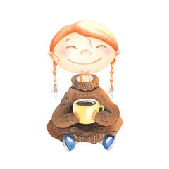 Happy girl in a warm sweater drinking tea. Watercolor illustration.