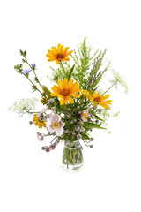 Beautiful bouquet of wildflowers isolated on white.