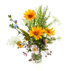 Beautiful bouquet of wildflowers isolated on white.