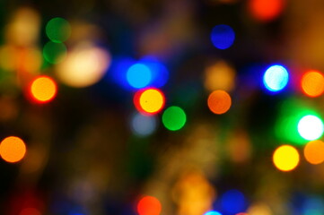 Abstract blurred background. Christmas tree toys and glowing garlands on the Christmas tree.