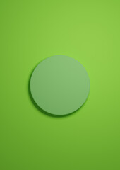 Bright, neon green 3d Illustration simple minimal product display background top view flat lay with one cylinder, circle podium or stand from above