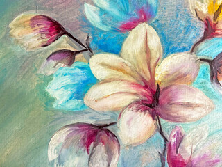 Fototapeta na wymiar Original oil painting on canvas. White flowers. Flowering tree. Magnolias. Wall art. Impressionist style textured strokes. 