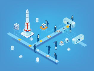 Isometric  business environment infographic. Business people work together, building big rocket, technology, space technology, space industry, start up concept