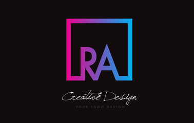 RA Square Frame Letter Logo Design with Purple Blue Colors.