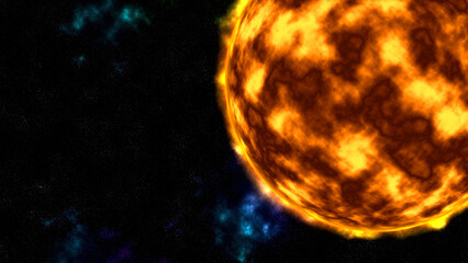 Hot sun surface with solar flares in starry outer space