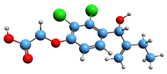  3D image of Etacrynic acid skeletal formula - molecular chemical structure of  loop diuretic isolated on white background
