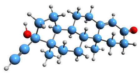  3D image of Ethisterone skeletal formula - molecular chemical structure of  progestin medication isolated on white background
