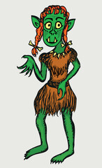 Vector drawing of fairy tale funny green female character