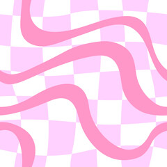 Hippie and groovy seamless pattern with wavy lines and distorted cage. Fashionable background in 00s, 90s, y2k style.