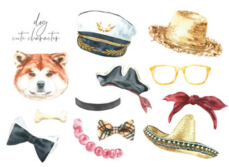 Watercolor cute dog and accessories illustration set.Akita breed,funny clothes,fashion elements, create hipster character, overlay, greeting card invite  