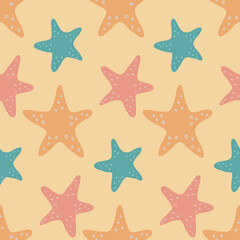 Fototapeta na wymiar Multicolored starfish on yellow background seamless pattern for design