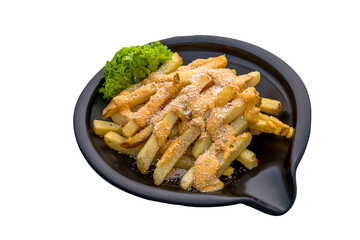Mala Mayo Fries served in a dish isolated on white background side view