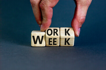 Work week symbol. Concept words Work week on wooden cubes. Businessman hand. Beautiful grey table grey background. Business and work week concept. Copy space.