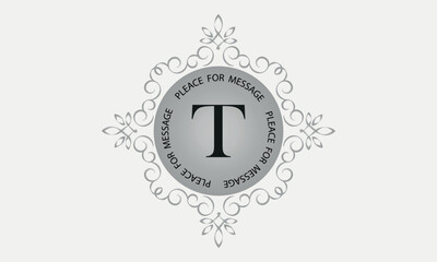A monogram with the letter T in an elegant frame. Place for text. Template for cafes, bars, boutiques, invitations, attractions. Logo for business. Vintage elements