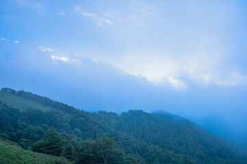 Fototapeta na wymiar 夕暮れ時の霧がかかる山　長和町