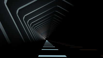 Modern tunnel and its blue illuminated guide floor light  (3D Rendering)