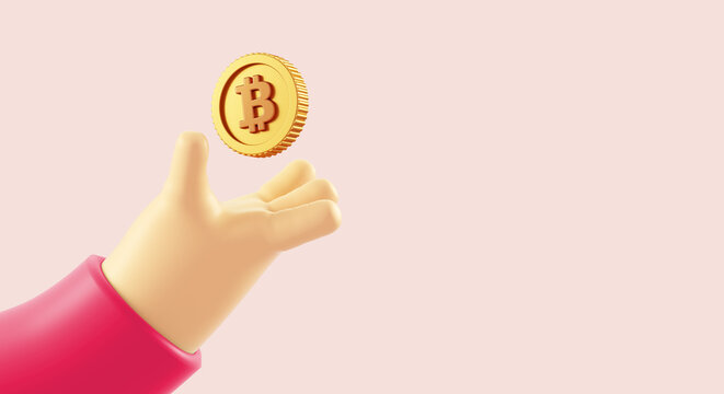Isolated cartoon hand with a bitcoin coin and copy space for a flyer background template in 3D illustration. Cryptocurrency, 2p2 exchange and blockchain technology concept