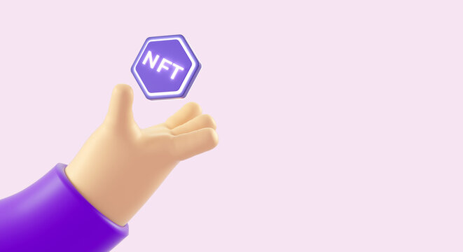 Isolated cartoon hand with a NFT non fungible token and copy space for a banner background template in 3D illustration. Cryptocurrency, 2p2 exchange and blockchain technology concept