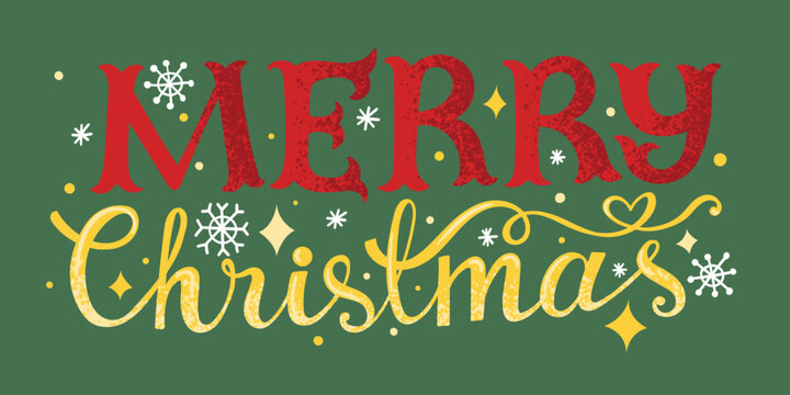Merry Christmas lettering on a contrasting green background with decorative elements. Vector illustration.