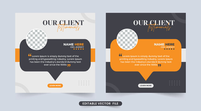 Customer service feedback testimonial template with yellow and dark color. Client testimonials and quote layout design with a photo placeholder. Customer feedback testimonial with star rating section.