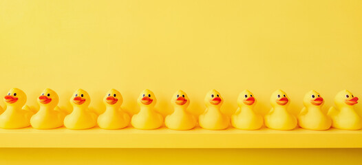 Banner yellow rubber duck background yellow ducks in a row. Rubber duck pattern yellow concept....