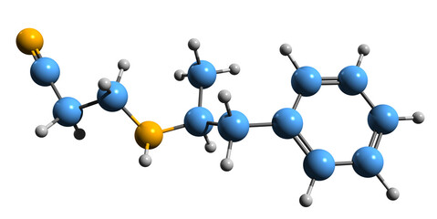  3D image of Fenproporex skeletal formula - molecular chemical structure of  stimulant drug isolated on white background
