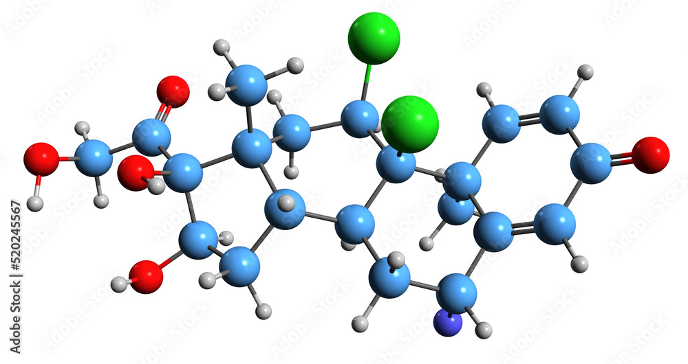 Poster  3D image of Fluclorolone skeletal formula - molecular chemical structure of synthetic glucocorticoid corticosteroid isolated on white background
