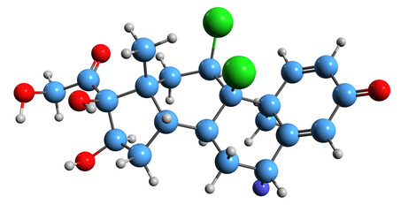  3D image of Fluclorolone skeletal formula - molecular chemical structure of synthetic glucocorticoid corticosteroid isolated on white background
