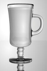 a glass mug with a stem and a handle filled with water. 3d render.