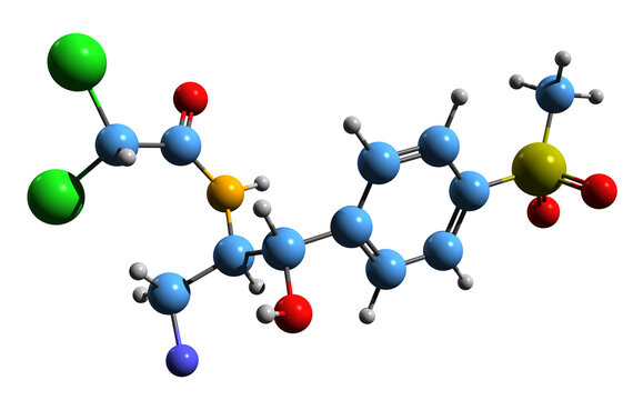  3D image of Florfenicol skeletal formula - molecular chemical structure of  synthetic analog of thiamphenicol isolated on white background
