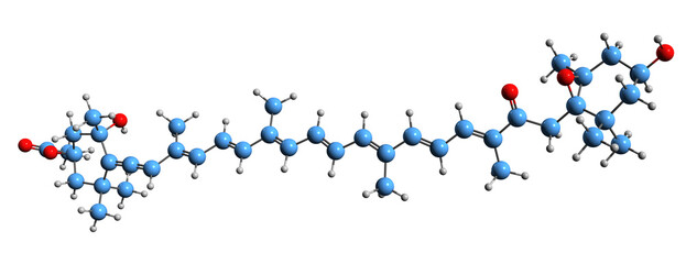  3D image of Fucoxanthin skeletal formula - molecular chemical structure of  pigment xanthophyll isolated on white background
