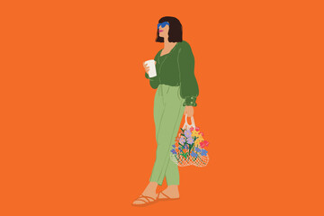 Portrait of a stylish woman stands with mesh bag full of blossom flowers and coffee cup on color background. Vector illustration