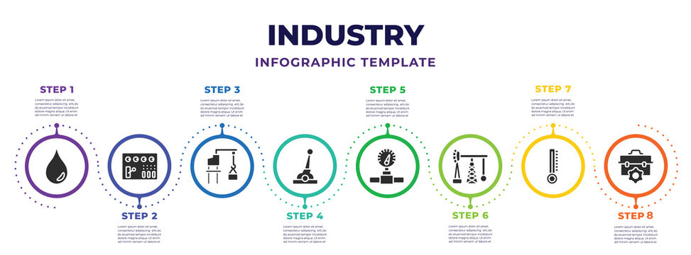 Industry Infographic Design Template With Oil, Control Panel, Harbor Crane, Lever, Temperature, Oil Pumps, Thermometer, Tool Box Icons. Can Be Used For Web, Banner, Info Graph.