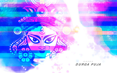 Fototapeta na wymiar Artistic Happy Durga Puja Festival Greeting Background Template Design with Hindu Goddess Durga Face Illustration