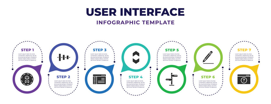 User Interface Infographic Design Template With Top Button, Vertical Align, Sidebar, Up And Down Arrow,  , Gross Pencil, Question Button Icons. Can Be Used For Web, Banner, Info Graph.