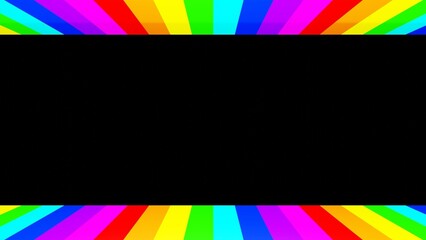 Template with a black background and a rainbow design on the top and bottom. Design to place text or products with the lgtb flag. Background with lines of the colors of the rainbow.