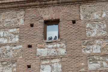 brick and stone facade with a window and two pigeons