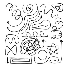 Hand drawn set of different arrows. Collection of lines. Marker line divider, pencil strokes brush and drawing dividers. Curve frame, decoration borders.