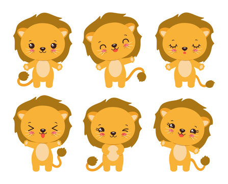 Kawaii lion cub vector illustration. Cartoon baby lion character icon set. Various face expressions. Emoji animal icons - calm, happy, laughing, smiling, waving, winking. Little lion  kawaii style.