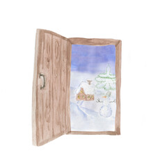 Winter landscape through the open door.