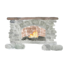 Stone fireplace with fire in the furnace.